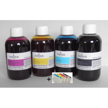 T0711 à 714: lot de 4 cartouches vides avec puce auto-reset +4x100 ml encre